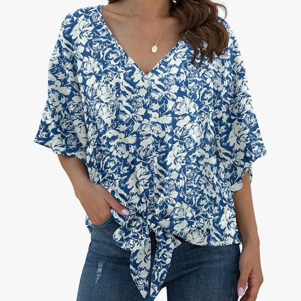 White and Blue Flutter Sleeve Tie Front Blouse